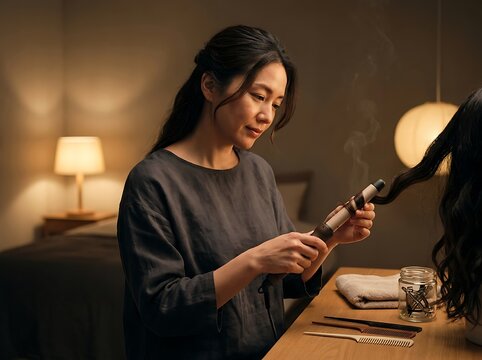 Middle-aged woman styling her hair with a curling iron in a cozy home setting, preparing for an evening out