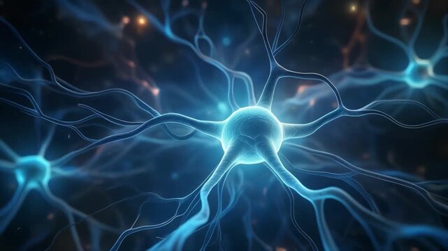 Detailed 3D Rendering of a Neuron Cell with Glowing Blue Axons and Synapses Keywords: neuron, cell, brain, science, biology, neuroscience, medical, anatomy, nerve, synapse, axon, dendrite