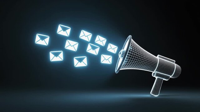 Wireframe Megaphone Emitting Glowing Email Icons on Dark Background loudspeaker announcement