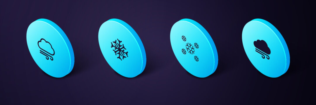 Set Isometric Windy weather, Snow, Snowflake and icon. Vector