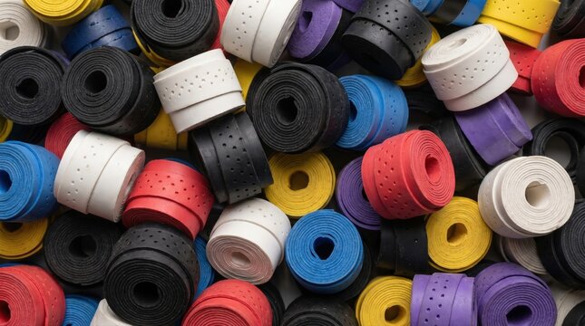 Colorful assortment of textured athletic grip tape rolls arranged in a vibrant top down pattern for sports equipment maintenance and customization projects for golfers
