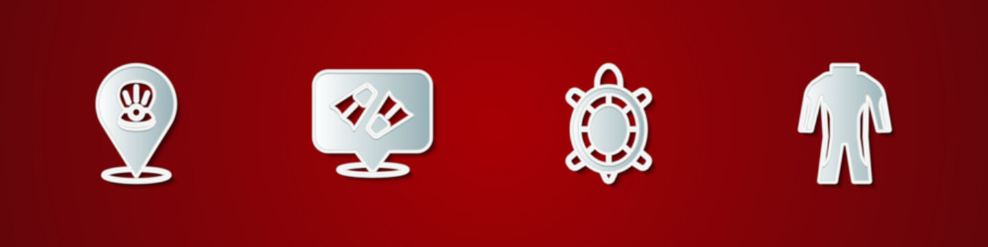 Set Scallop sea shell, Flippers for swimming, Turtle and Wetsuit scuba diving icon. Vector
