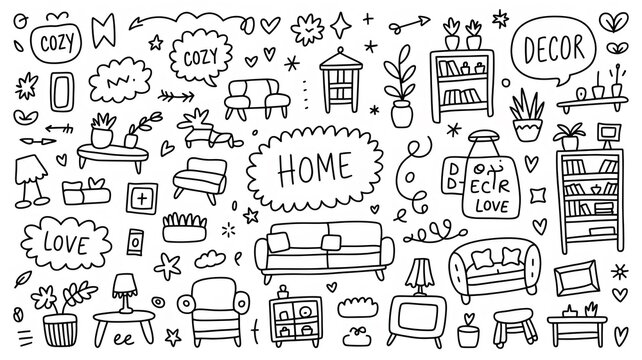 Set of hand drawn doodle about home decor, cozy interior, and furniture elements.