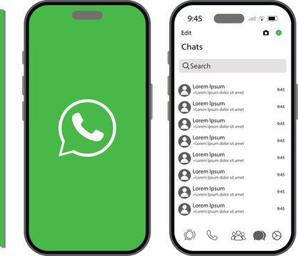 WhatsApp mockup. Mobile messaging application user interface mockup with green splash screen and chat history list on smartphone. Whatsapp social media template and interface template