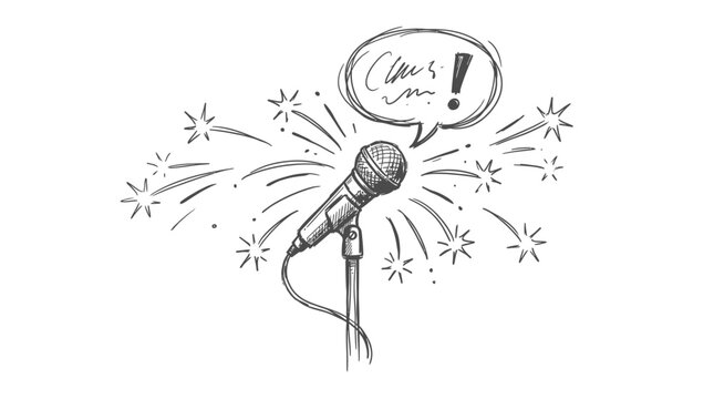 Hand-drawn microphone with speech bubble saying "Cheers!" and starbursts, sketch style