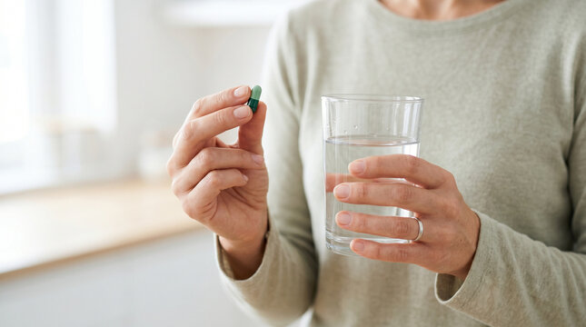 Female hand holding capsules and water, vitamins, healthcare, and lifestyle concept