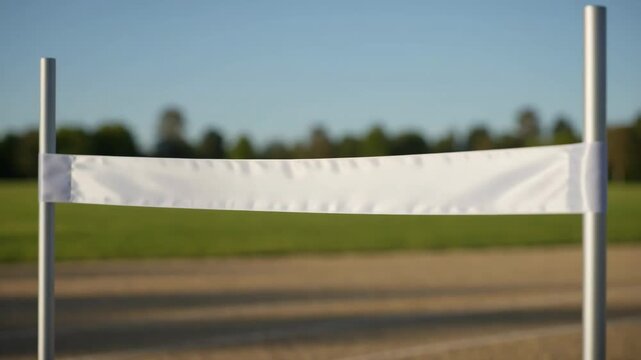 White banner flapping gently in the breeze on a finish line at an empty running track in a park, perfect for adding customized text, titles or logos