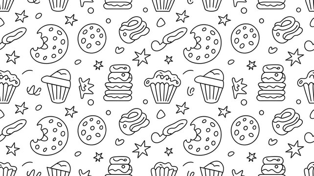 Seamless pattern with cupcakes cookies croissants and other desserts background.