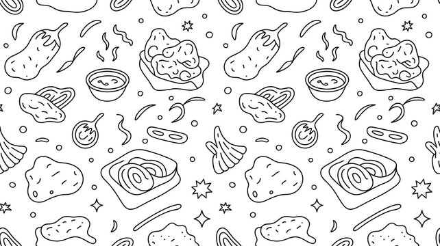 Seamless pattern with fried chicken and other popular fast food background.