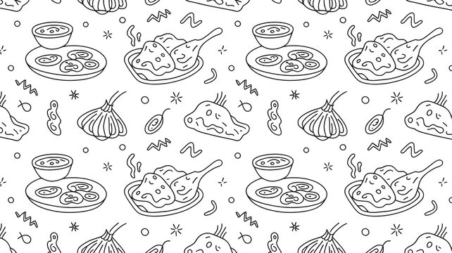 Indian food platter with samosa and chutney seamless pattern doodle background.