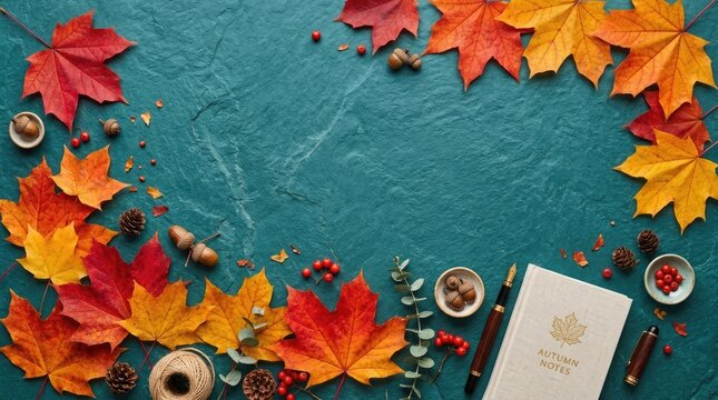 Autumn flat lay with maple leaves and notebook on a textured teal stone surface for seasonal stationery backgrounds and cozy fall inspiration concepts