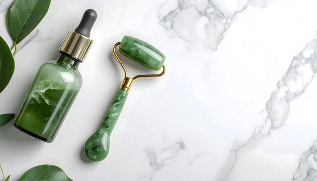 Green jade face roller and serum dropper bottle on white marble background with copy space