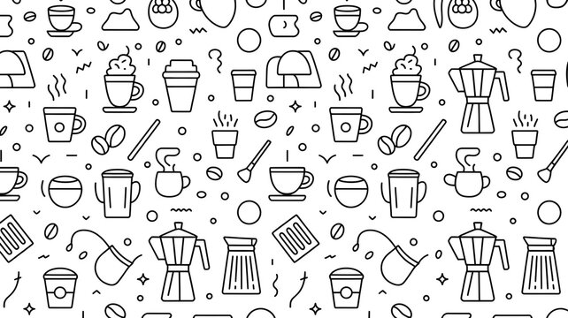Coffee culture icons seamless pattern featuring beans mugs and moka pots design.