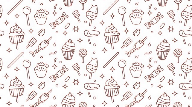 Seamless pattern with cupcakes lollipops and other sweet candy desserts background.