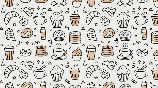 Bakery and coffee shop treats doodle seamless pattern, hand drawn food background.
