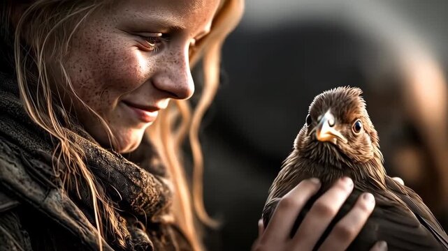 Cinematic close up of a blonde girl with freckles smiling and petting a small bird. Emotional 3D render concept art in fantasy dreamcore style with warm lighting and soft bokeh background.
