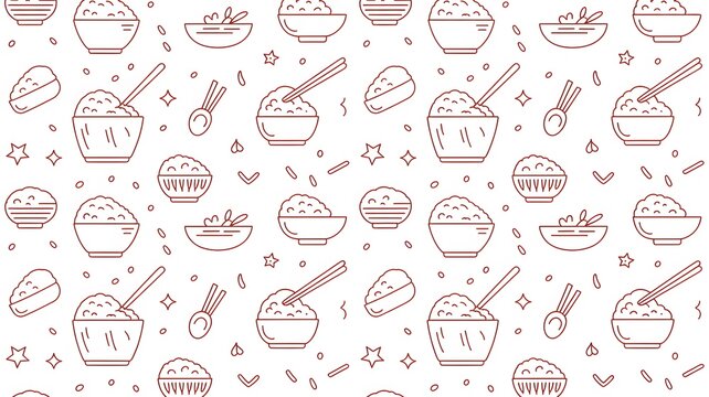 Asian food rice bowls doodle seamless pattern, hand drawn cuisine background.