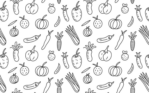 Hand drawn seamless pattern of fresh vegetables and fruits doodle art.