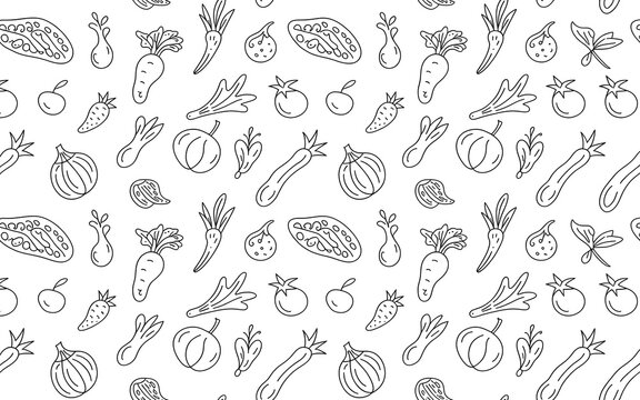 Drawn seamless pattern of fresh vegetables and fruits doodle art.