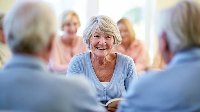 Fr&ouml;hliche Seniorin liest aus einem Buch vor. Gruppenaktivit&auml;t und geselliges Beisammensein im Seniorenheim