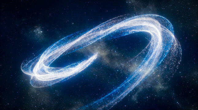 Glowing blue magical energy particles swirling creating infinity loop shape dark outer space starry night background dynamic abstract cosmic universe beautiful magic