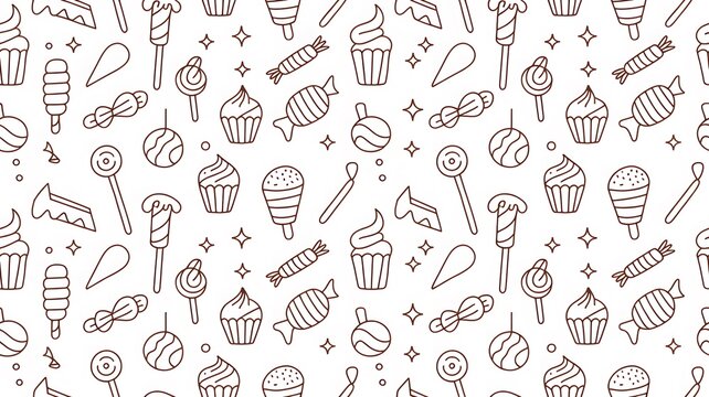 Sweets and candy doodle seamless pattern, hand drawn dessert treats background.