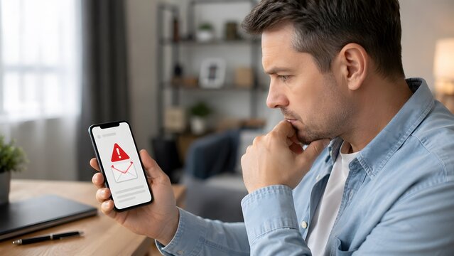 Man holding phone with scam email warning alert