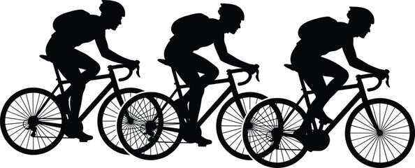 Fototapeta premium Silhouette of group of cyclists riding road bikes in a row, racing together isolated on white backdrop