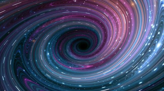 Colorful cosmic vortex swirling through deep space, creating an abstract visualization of astrophysics, gravity, time and the mysteries of the universe