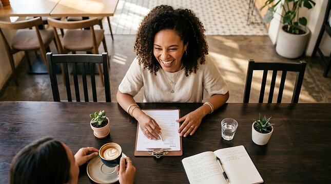 Two women smiling and talking at a cafe table with coffee and books, creating a warm and inviting atmosphere