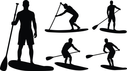 Naklejka premium Stand up paddle board silhouettes, paddleboarding man, surfing, water sports activities, sup boarder icon elements, isolated graphics