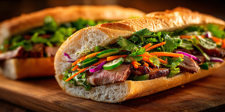 Vietnamese Banh Mi Sandwich Cut in Half on Cutting Board