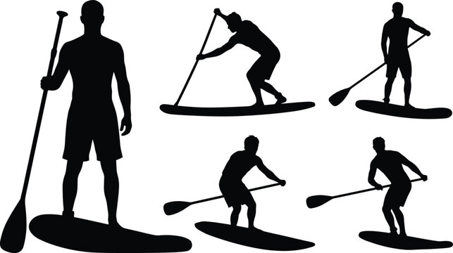 Stand up paddle board silhouettes, paddleboarding man, surfing, water sports activities, sup boarder icon elements, isolated graphics