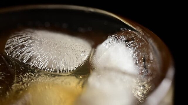 Extreme close-up view of ice cubes floating in cocktail glass, transparent crystal clear frozen blocks, cold refreshing drinkliquid swirling around ice