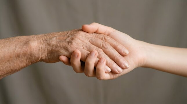 Young woman holding hand of elderly person. Caregiver providing support and comfort to senior. Human connection, empathy, aging, trust and compassion. Healthcare and geriatric help.