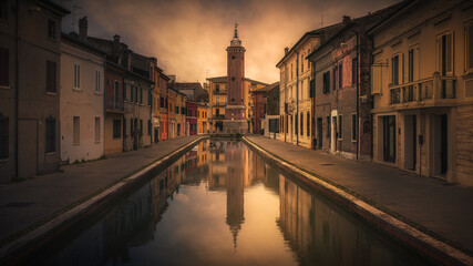 Fototapeta premium Historic Clock Tower and Canal Reflection in Comacchio at Sunset, Italy