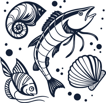 Seafood icons, fish, shell, nautilus, ocean creatures, black and white vector illustrations, 3 designs
