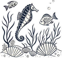 Fototapeta premium Underwater scene, sea creatures, seahorse, fish, ocean plants, vector illustration