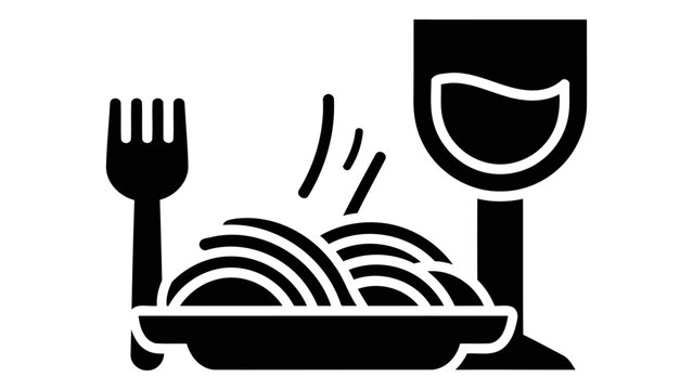 Solid black glyph icon of a pasta meal. Features a plate of hot spaghetti with steam, a fork, and a wine glass. Ideal fo