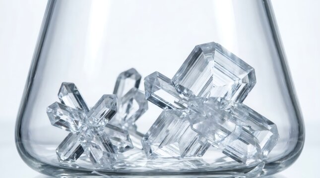 Clear chemical crystals growing inside a laboratory glass flask. Science experiment involving saturated solution crystallization process. Research and chemistry education concept.