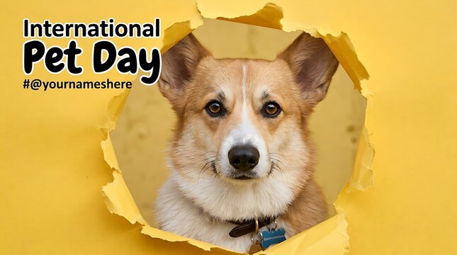 Adorable corgi dog peeking through a torn paper background for international pet day celebration