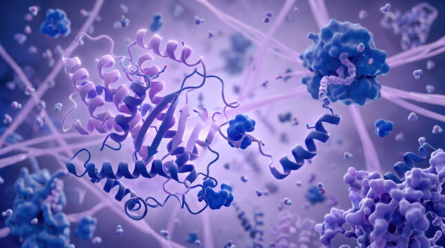 Abstract microscopic molecular biology background showing complex blue purple protein structure scientific research biotechnology chemistry concept detailed organic cellular environment