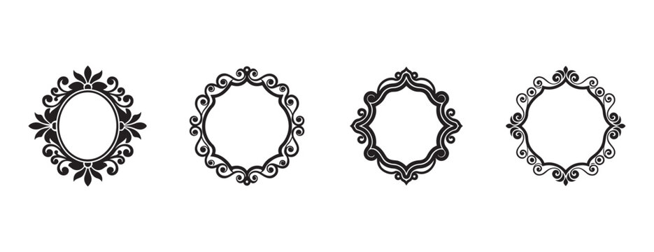 Ornate black circular frames with floral and scroll designs on white background for decorative purposes  various shapes and patterns
