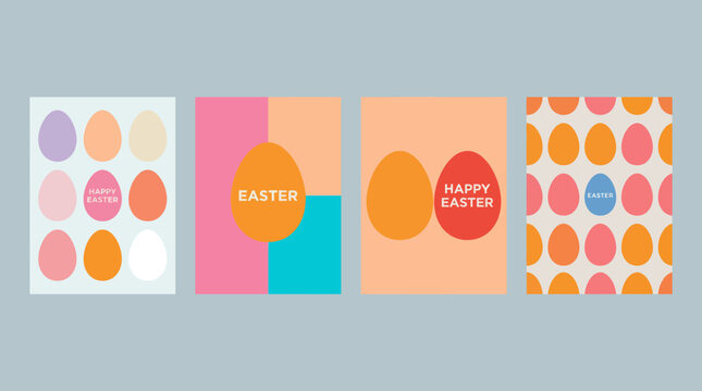 Set of colorful minimalist Easter egg greeting card designs on pastel background