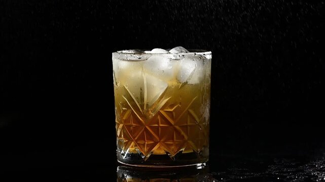 Splashes flying onto cocktail glass with ice cubes on black background, backlighting effect, cold refreshing beverage, frozen drink with water drops, dramatic bar scene, cool summer refreshment concep