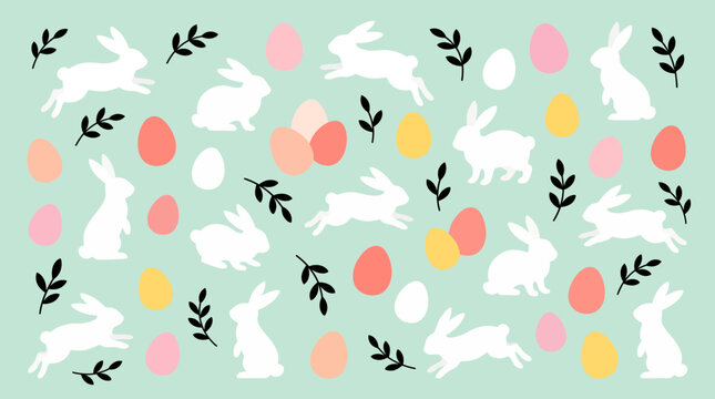Seamless pastel Easter pattern with white rabbits, colorful eggs and floral branches on mint green background