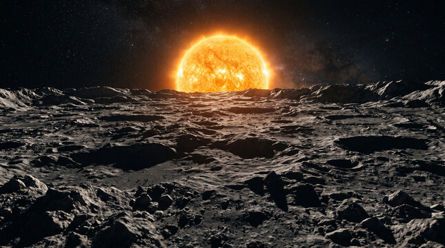 Sunrise Over Mercury Surface with Rugged Craters and Rocky Terrain, Dramatic View of the Innermost Planet in the Solar System