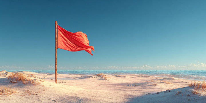 Red Flag Waving in Wind on Sandy Beach