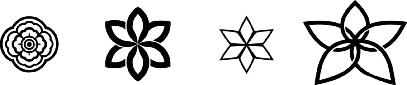 A minimalist 2D flat vector icon of a stylized four-petal rosette flower motif in black and white features clean bold lines, clear contours, simple geometric shapes, isolated against a pure solid