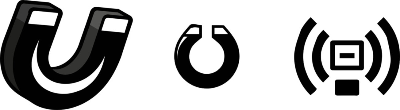 A minimalist U-shaped magnet icon in black and white features bold lines and clear contours against a clean white background, emphasizing its strong magnetic field danger warning symbol